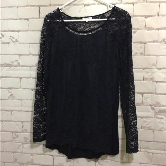 Maurice’s Sz M Black Lacy Tunic Top Lace Sleeves - Picture 2 of 11